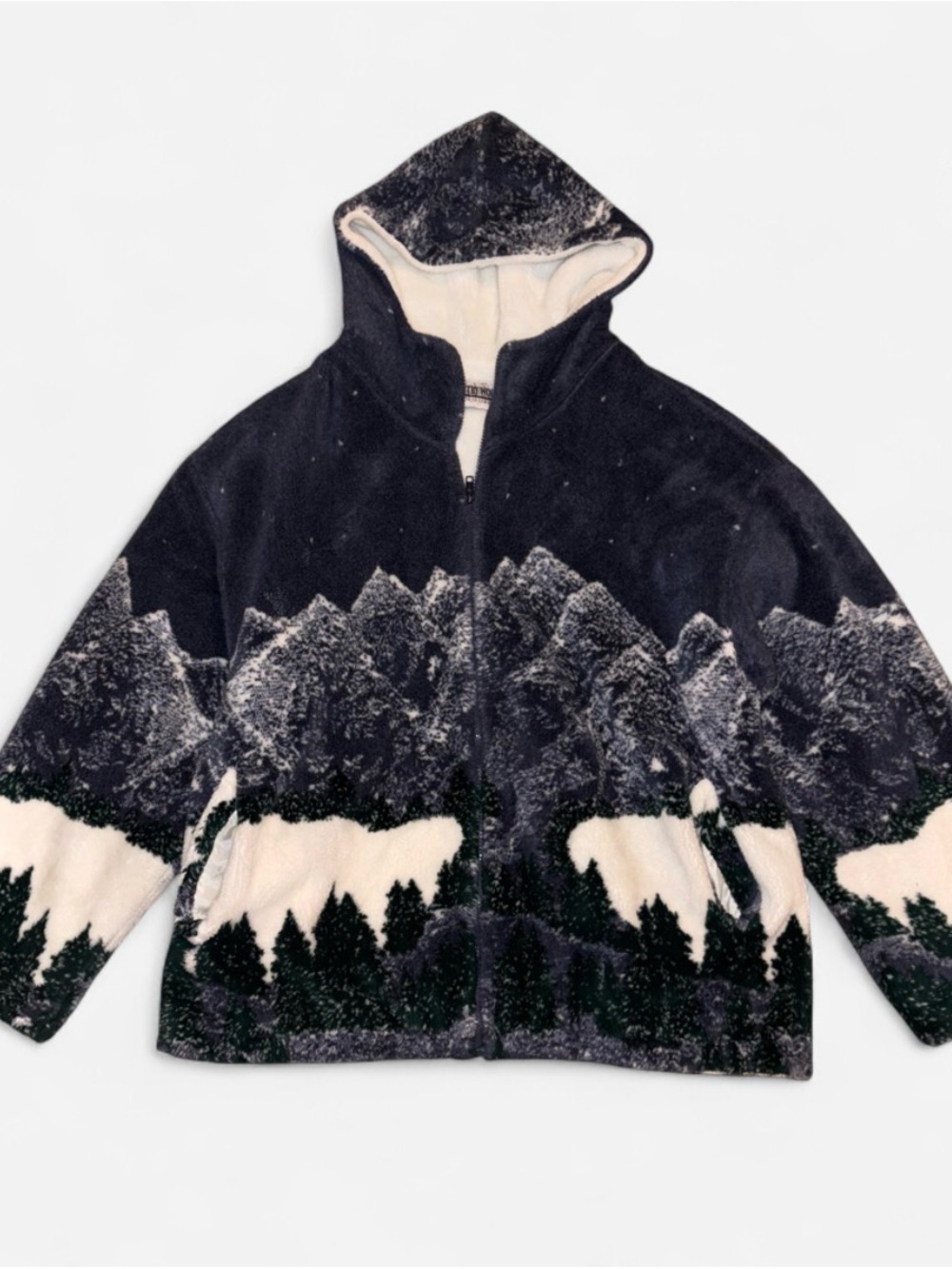 Vintage Fleece Zip Up Hoodie with Cabincore Mountain Design